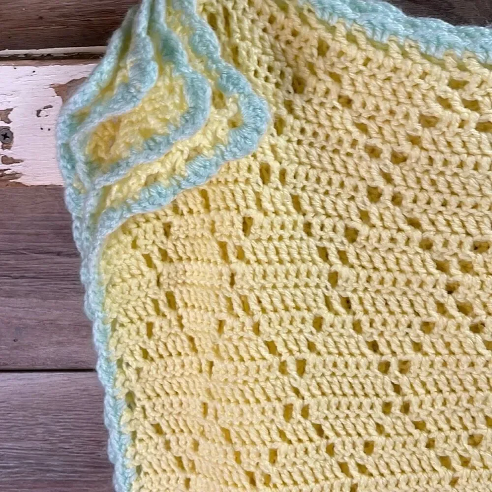 Crocheted Open Knit Infant Baby Blanket Handmade Yellow Blue Trim 62 X 62